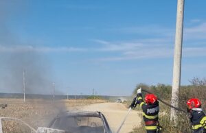 Autoturism făcut scrum la Rătești. Incendiu extins la vegetația uscată.