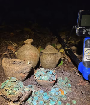 VIDEO. Tezaur monetar important descoperit în Argeș. Comoara găsită de doi bărbați cu detectoare de metale.