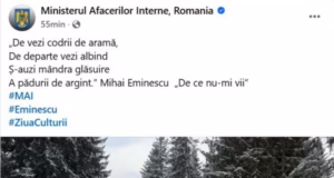 MAI, ținta ironiilor după o postare de Ziua Culturii. Titlu și versuri greșite ale unei poezii de Mihai Eminescu