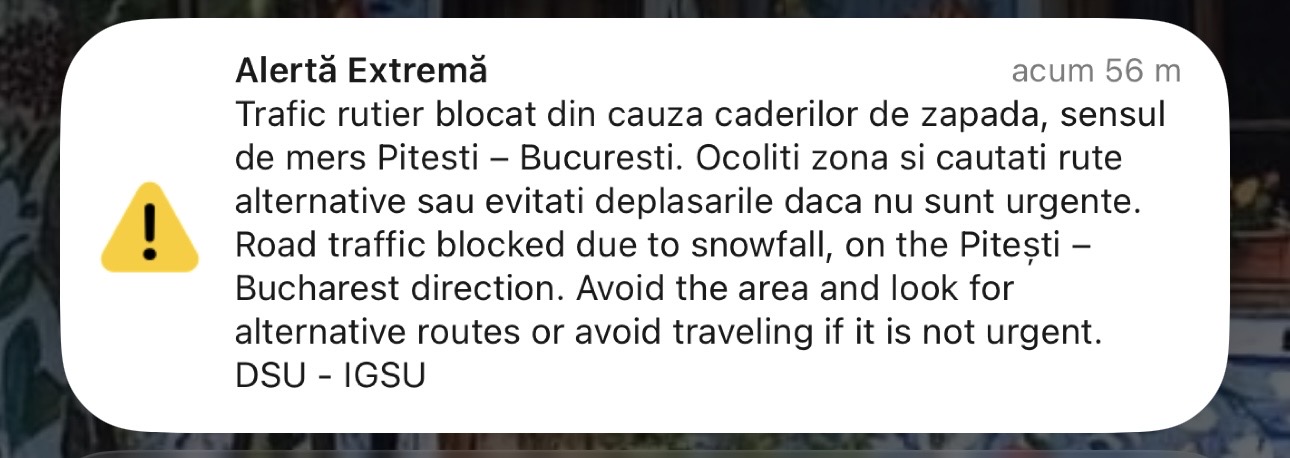 A fost emis mesaj RO-ALERT! Sensul de mers Pitești- București este blocat
